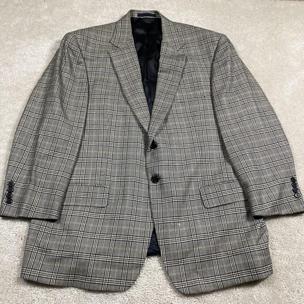 Vintage Worsted Wool Plaid Sport Coat Mens 48S Gray Single Vent 2 Button Bespoke